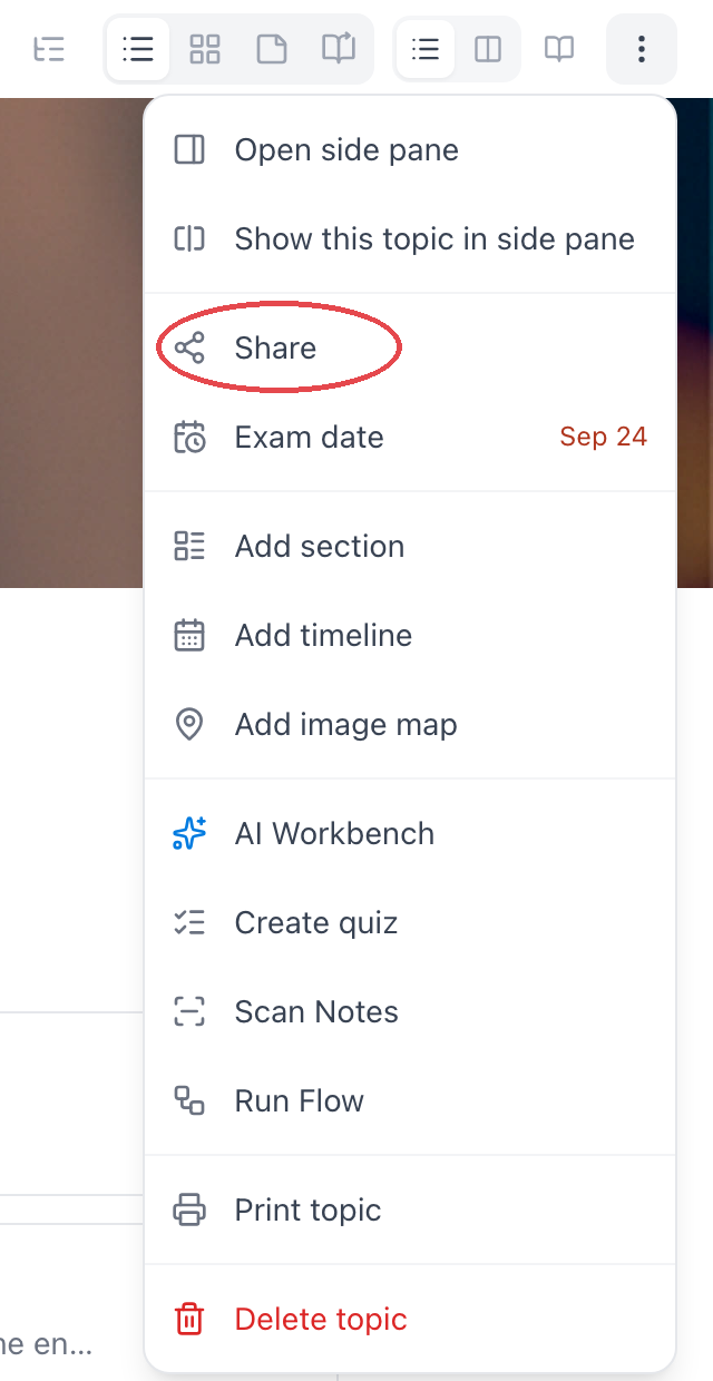 The topic's ⋮ menu open, with Share circled among the actions
