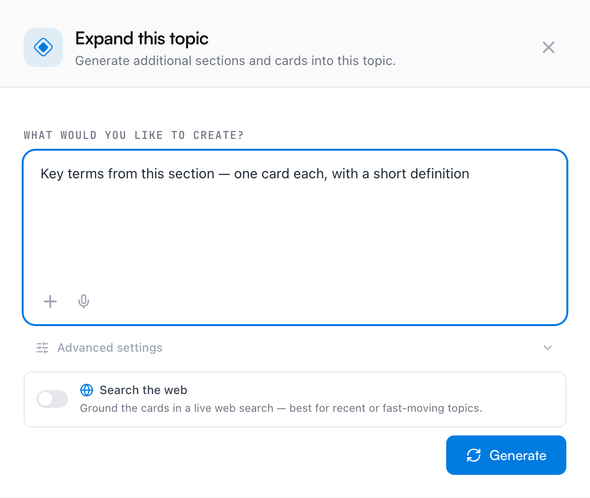 The drawer opened from a topic, with an instruction typed under What would you like to create and a Generate button below