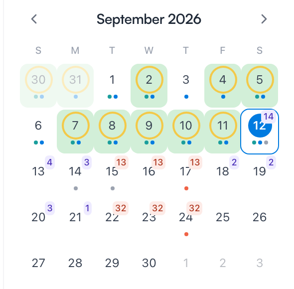 La vista mensile del calendario — ogni giorno futuro porta un piccolo conteggio dei ripassi programmati: poche carte in certi giorni e numeri sopra la trentina che si accumulano appena prima dei giorni segnati con il punto dell’esame
