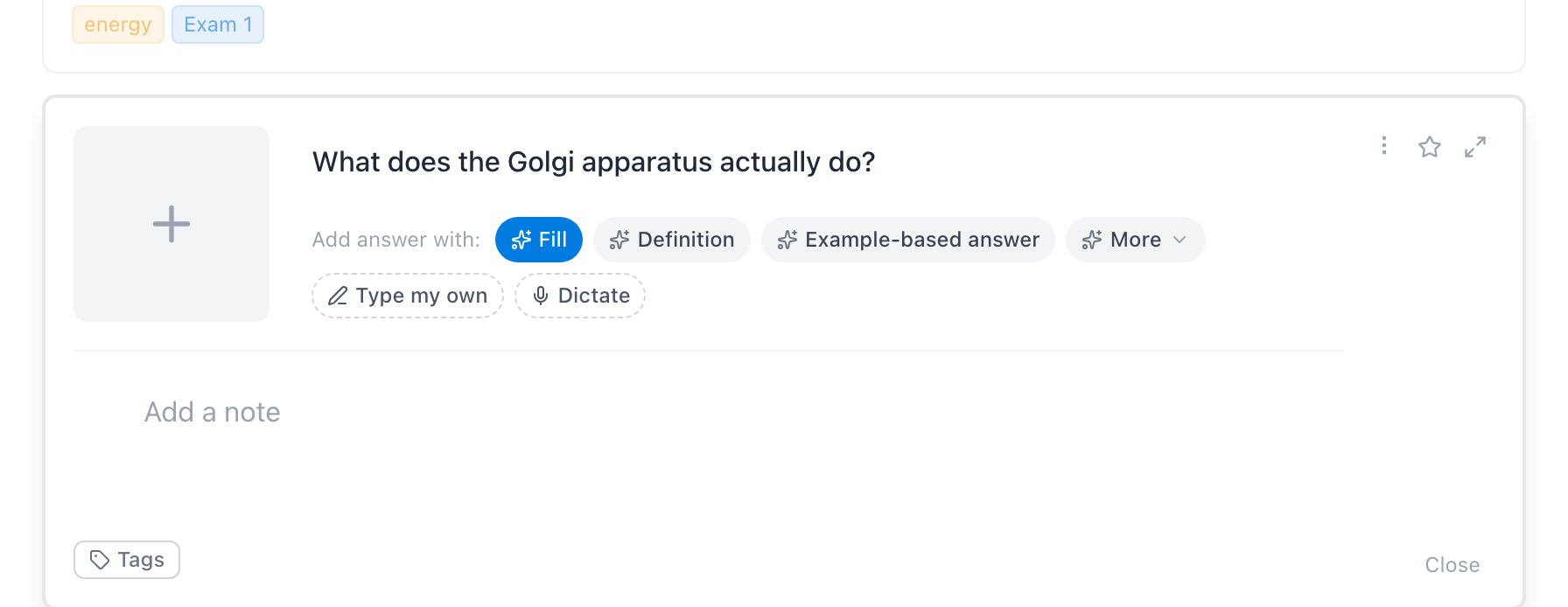 The card just added, opened in the editor with the answer field revealed below its question — Fill and the sparkles button on its right