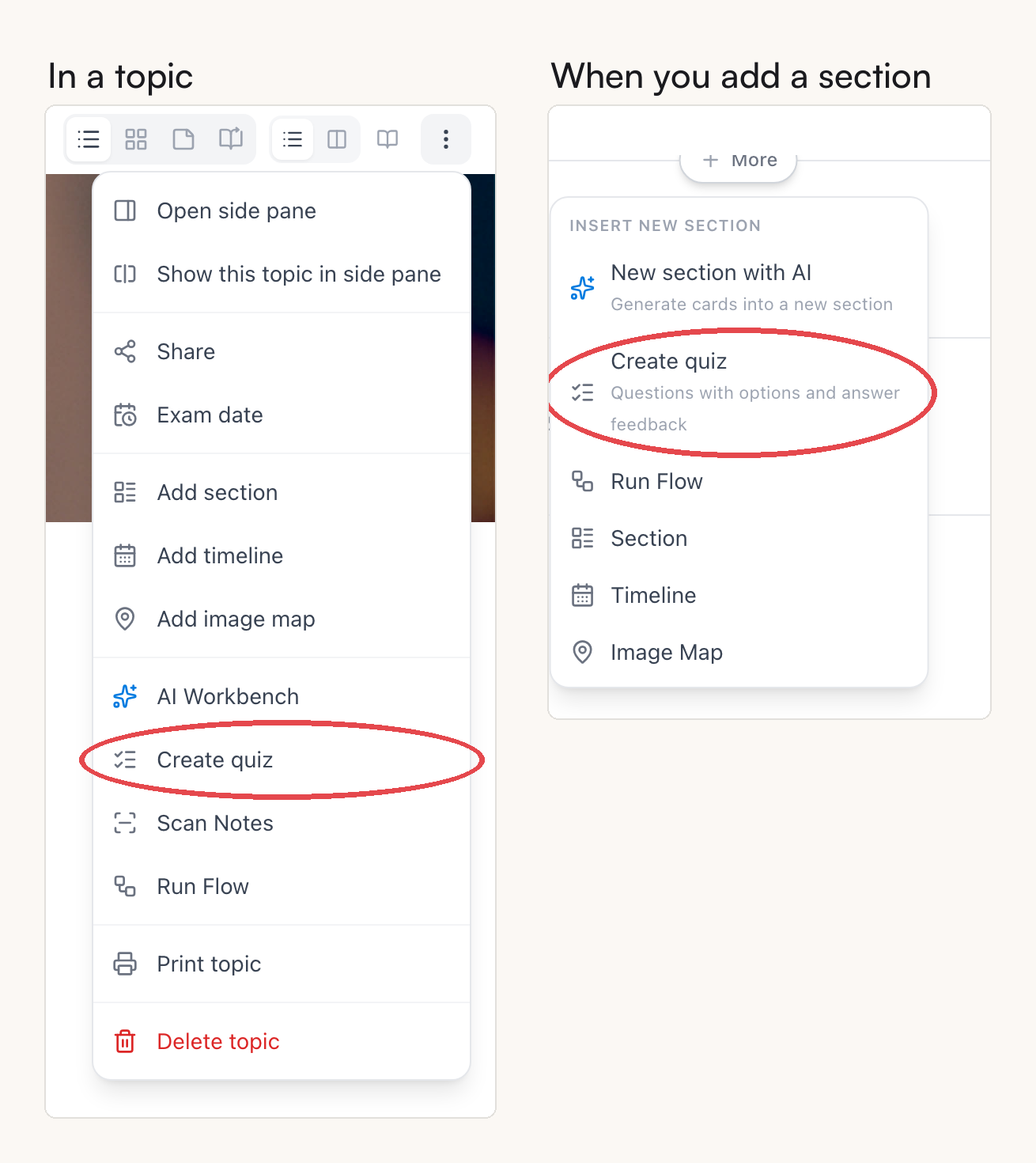 Create quiz circled in both places it lives: the topic's ⋯ menu, and the + More popover that appears between sections
