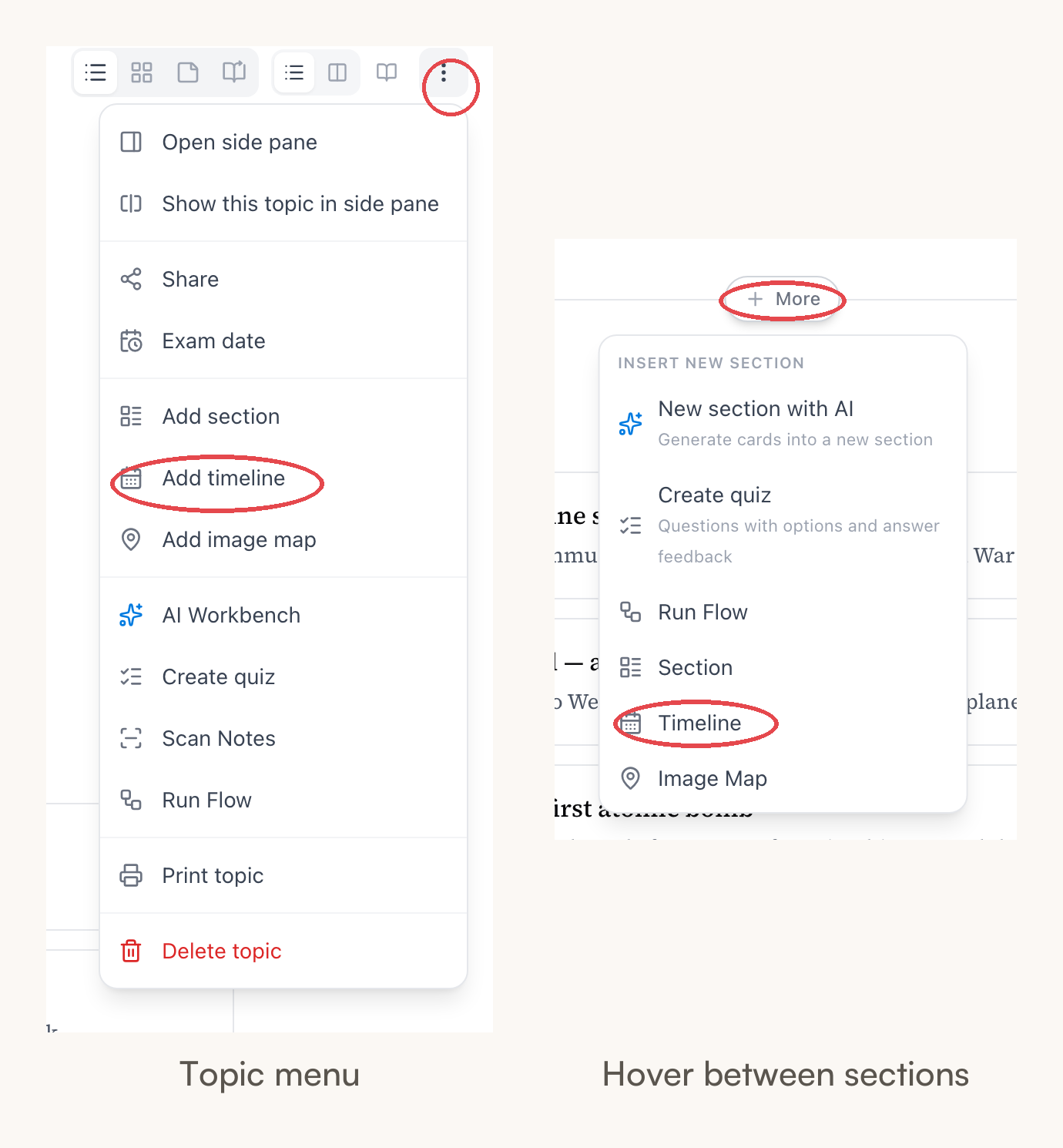 Os dois lugares para criar uma linha do tempo — a linha Adicionar linha do tempo no menu do tópico, e o botão + Mais no divisor com Linha do tempo em Inserir nova seção