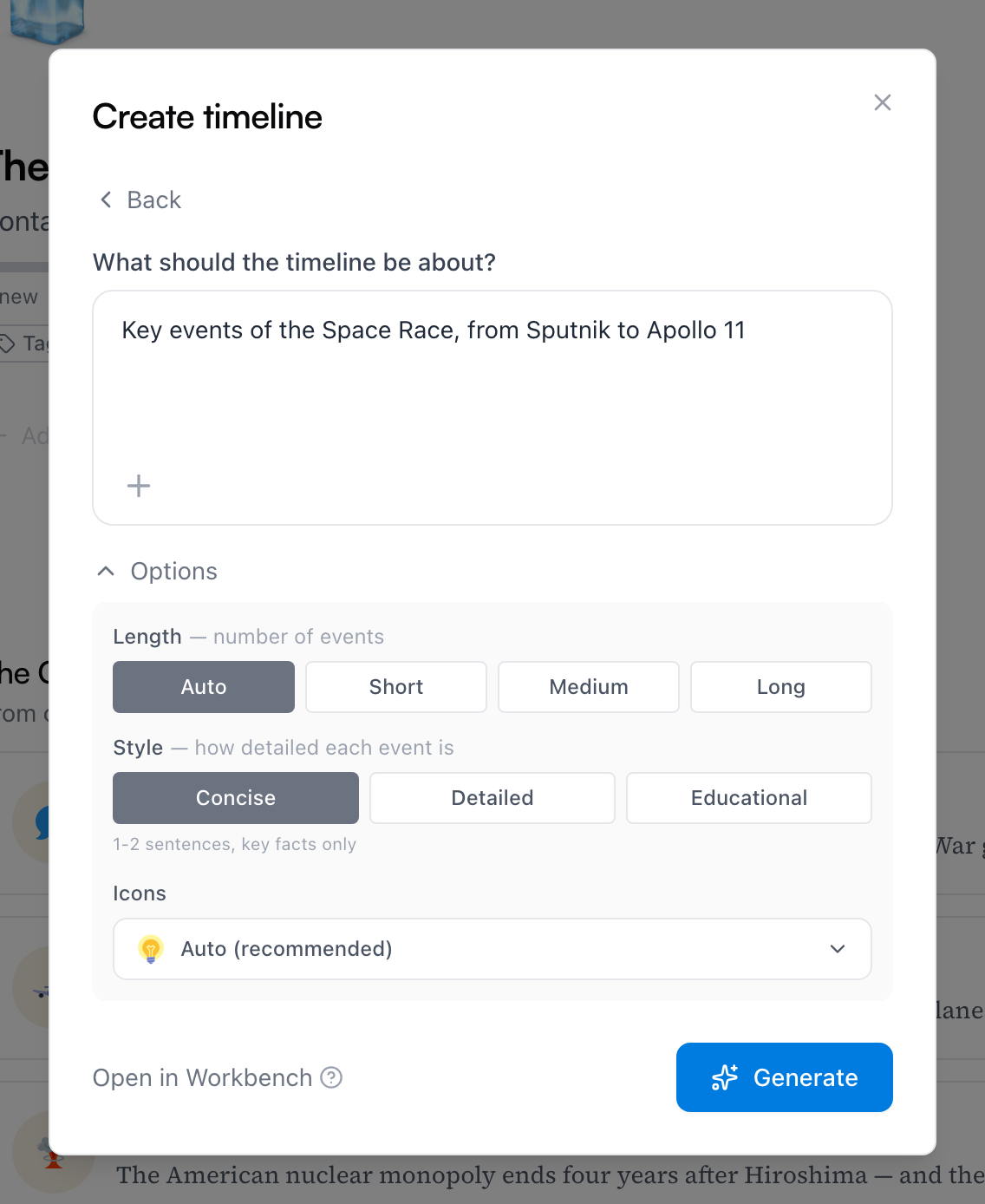 O modal Criar linha do tempo em modo IA — um prompt descrevendo a corrida espacial, com as opções Tamanho, Estilo e Ícones abertas