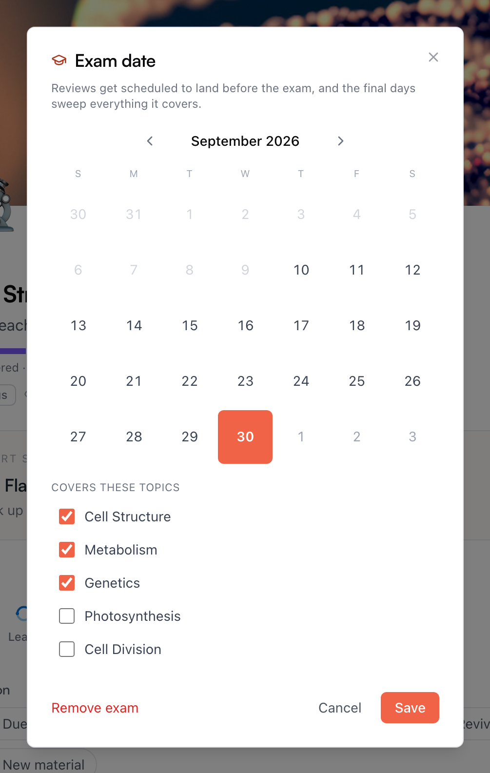 La fenêtre Date d’examen — un calendrier avec la date choisie et des cases à cocher pour les thèmes couverts par l’examen