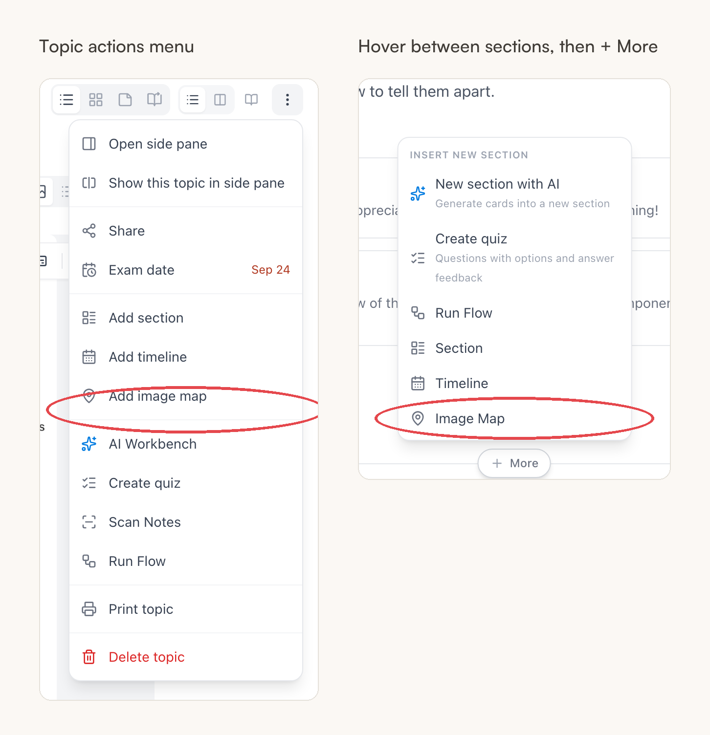 The two ways to create an image map — the topic actions menu with Add image map, and the + More inserter between sections with the Image Map option