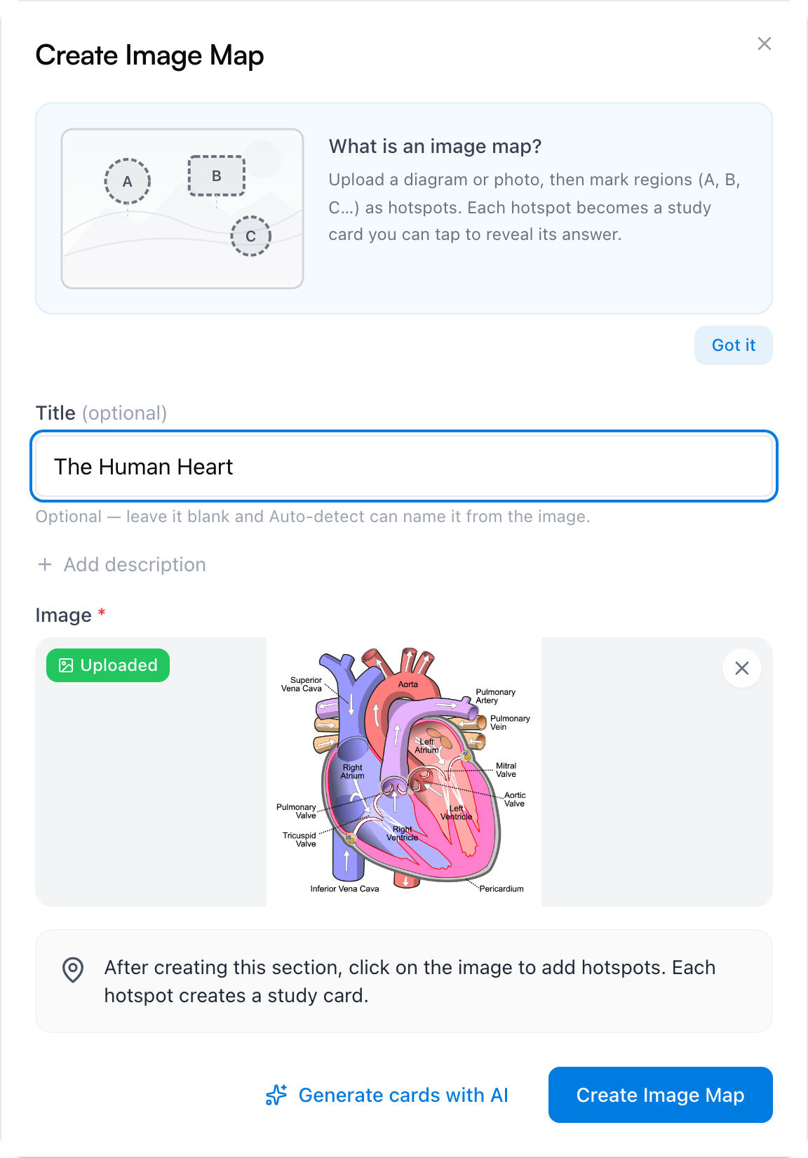 The Create Image Map dialog with a heart diagram uploaded and the title filled in