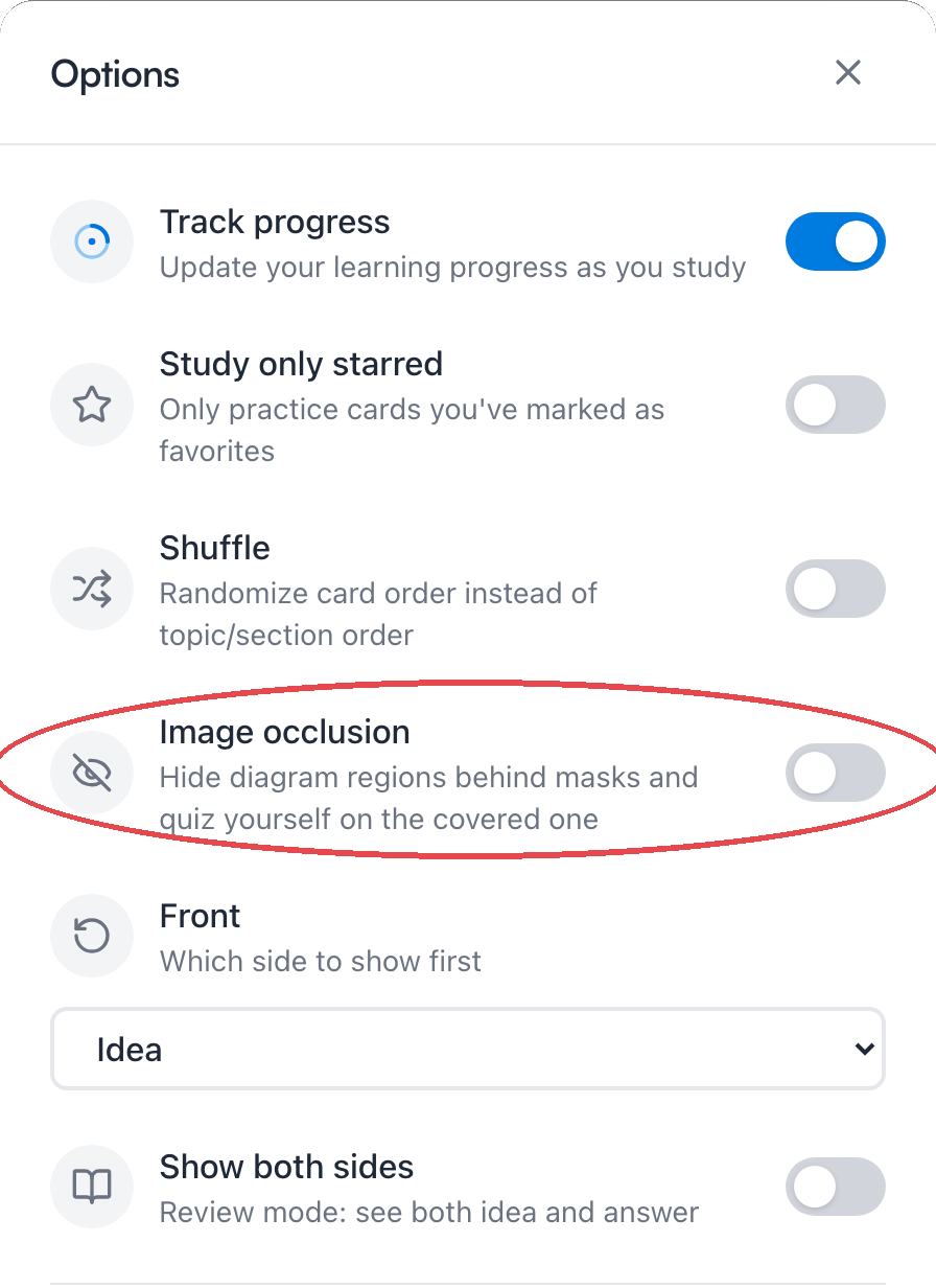 The session Options sheet with the Image occlusion toggle circled