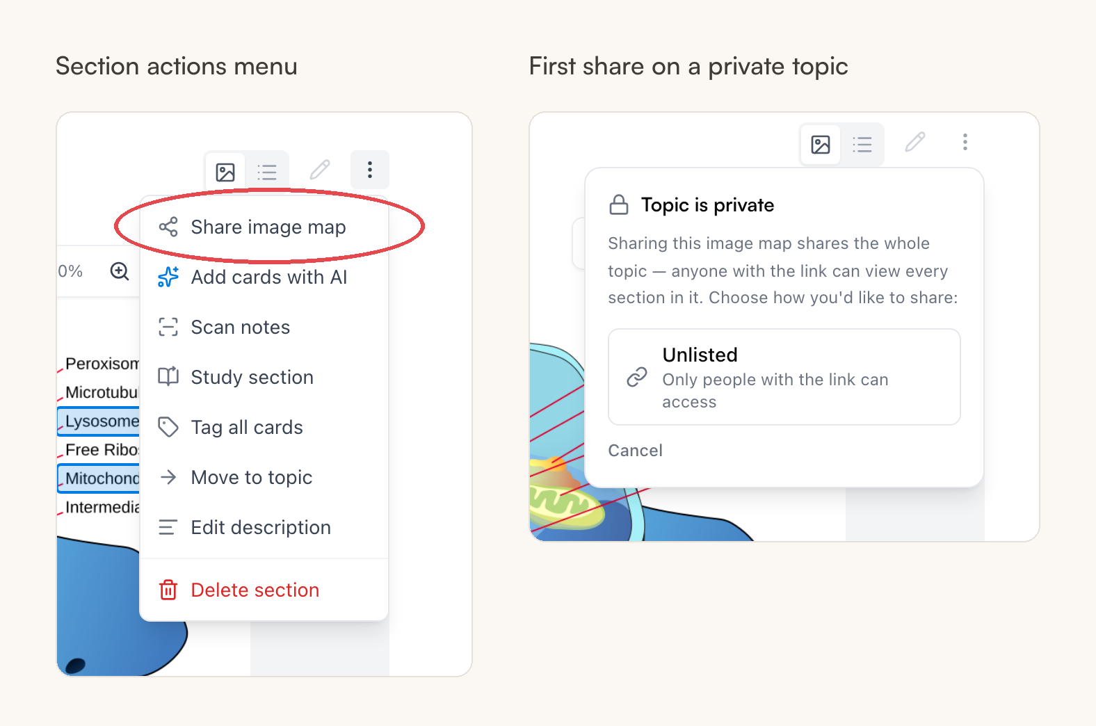 The section actions menu with Share image map circled, and the Topic is private dialog offering an unlisted link
