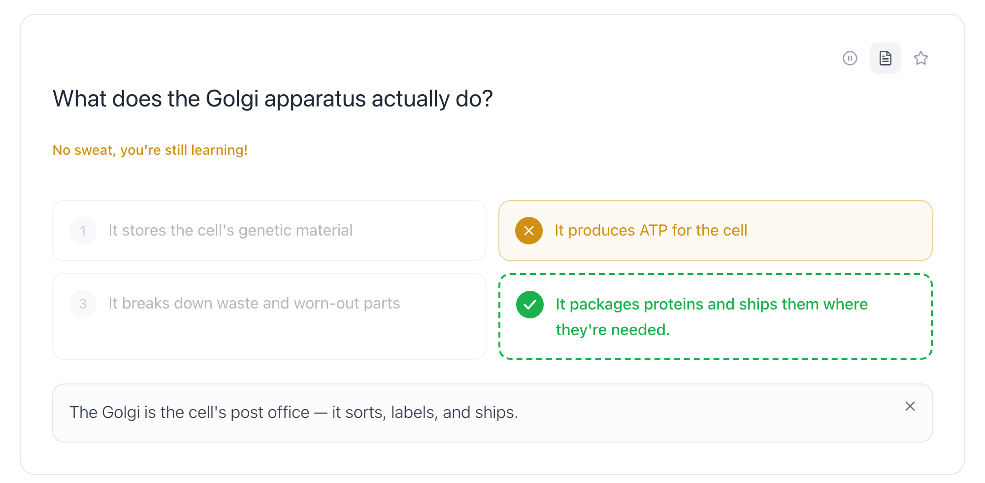 A Multiple choice question answered wrong — the picked option marked, the real answer highlighted, and the card's feedback line shown underneath