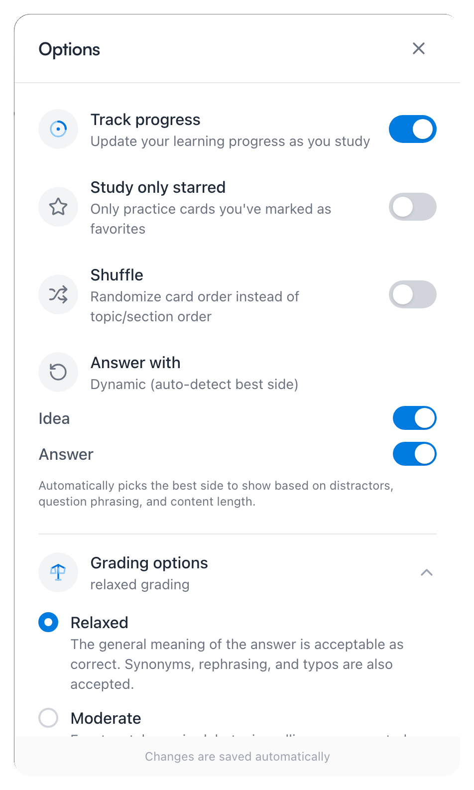 Le menu Options en mode Écrit — les réglages Répondre avec et les Options de correction avec Souple sélectionné