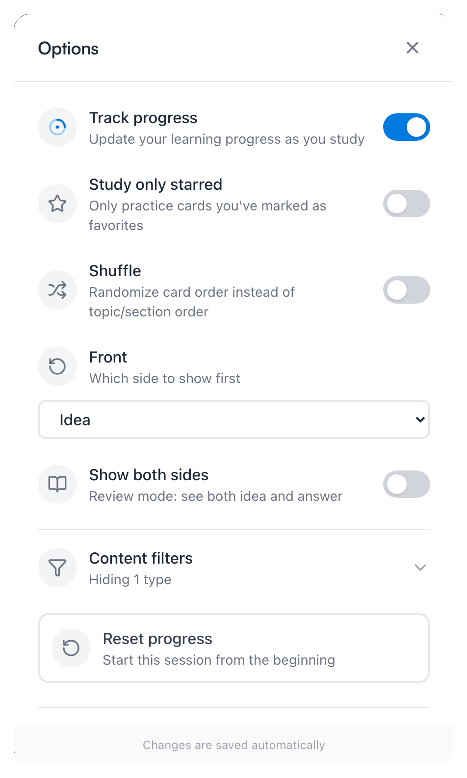 Le menu Options d’une session — Suivre la progression, Étudier seulement les favoris, Mélanger, Recto, Afficher les deux faces, Filtres de contenu et Réinitialiser la progression