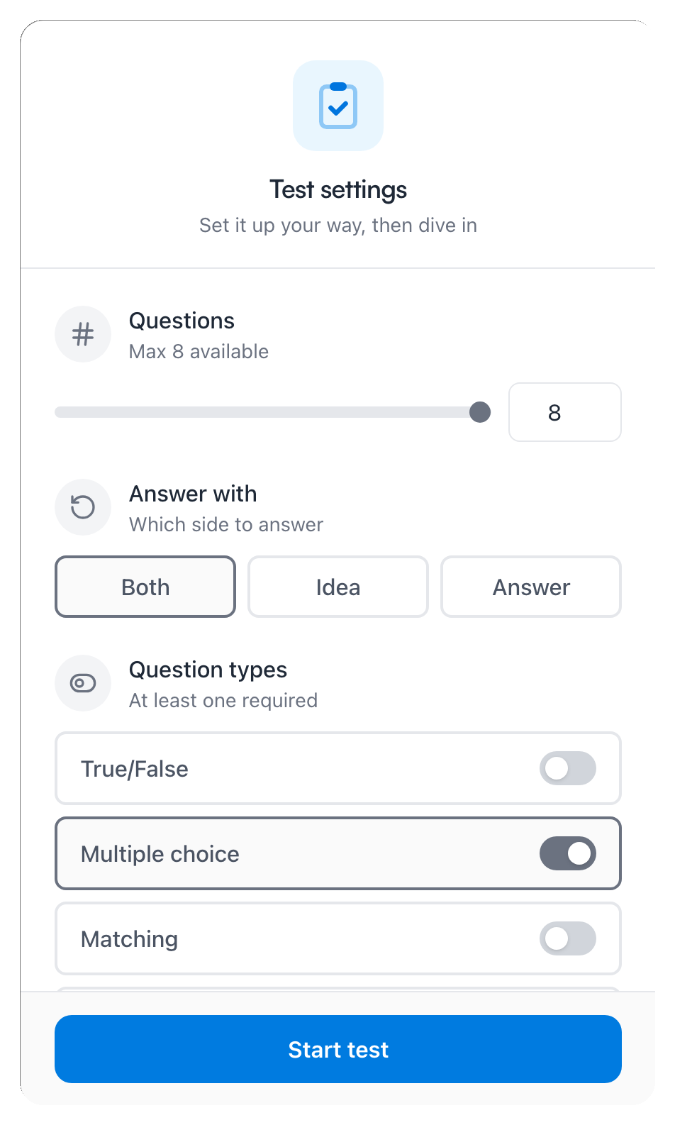 La fenêtre de réglages du Test — nombre de questions, face de réponse et types de questions